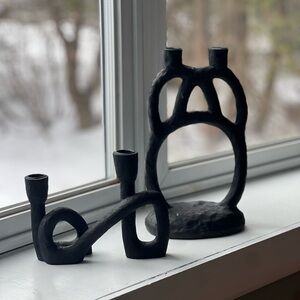 Modern Matte Black Sculptural Candle Holders - Set of 2